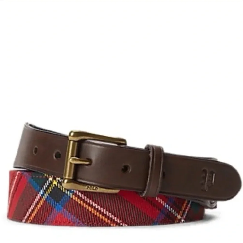 Polo Ralph Lauren Men's Leather-Trim Tartan Belt Red